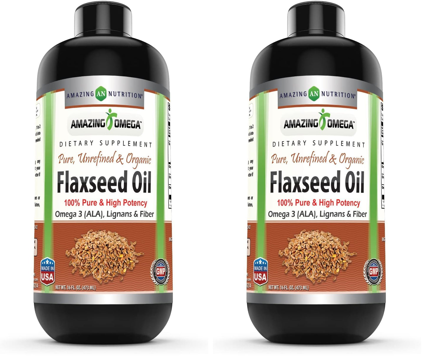 Amazing Omega Flaxseed Oil Supplement | Omega 3, Lignans & Fiber | 16 Oz | Non-GMO | Gluten Free | Made in USA (Pack of 2)