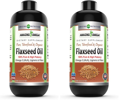 Amazing Omega Flaxseed Oil Supplement | Omega 3, Lignans & Fiber | 16 Oz | Non-GMO | Gluten Free | Made in USA (Pack of 2)