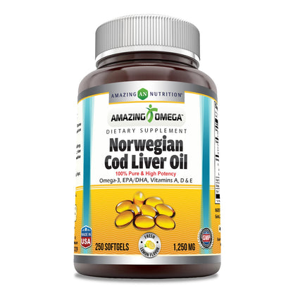 Amazing Omega Norwegian Cod Liver Oil 1250 mg Softgels – Omega-3 EPA/DHA + Vitamins A, D & E (Orange, 250 Count) | Amazing Nutrition