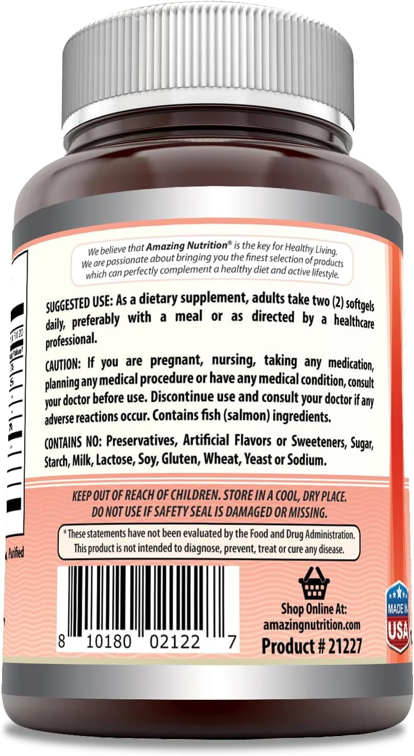 Amazing Omega Wild Alaskan Salmon Oil 2000 mg | Softgels | Non-GMO & Gluten-Free | Made in USA
