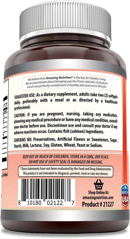 Amazing Omega Wild Alaskan Salmon Oil 2000 mg | Softgels | Non-GMO & Gluten-Free | Made in USA