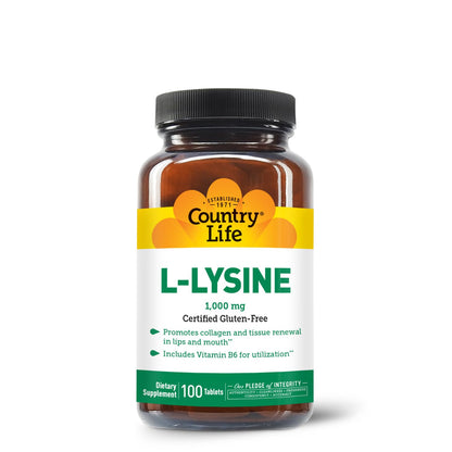 Country Life L-Lysine 1000mg with B-6 – Immune Support, Collagen Renewal, Vegan & Gluten Free (100 Count)