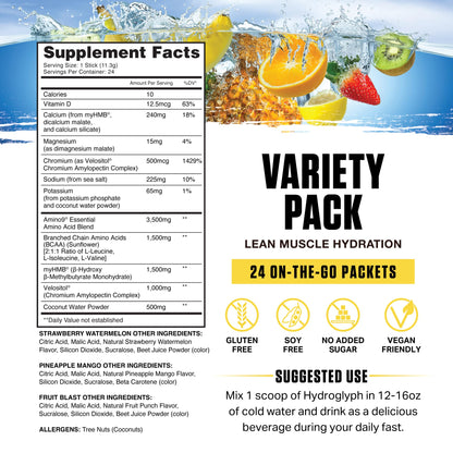 Ambrosia Hydroglyph Intraworkout Electrolytes | Sugar Free Hydration Powder with Amino Acids – 30 Servings Variety Pack