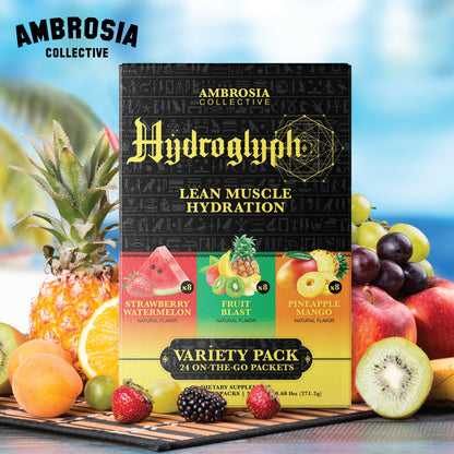 Ambrosia Hydroglyph Intraworkout Electrolytes | Sugar Free Hydration Powder with Amino Acids – 30 Servings Variety Pack