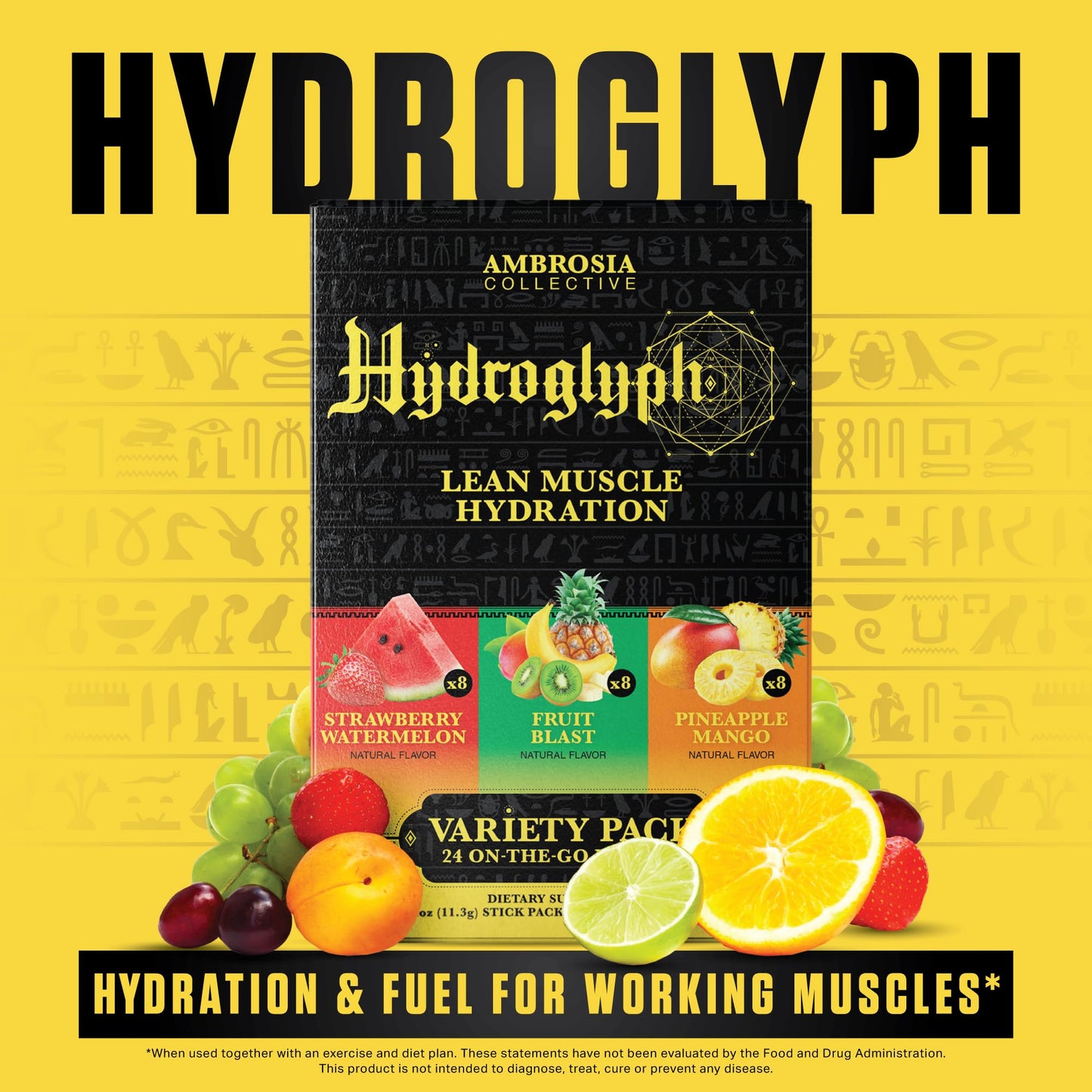 Ambrosia Hydroglyph Intraworkout Electrolytes | Sugar Free Hydration Powder with Amino Acids – 30 Servings Variety Pack