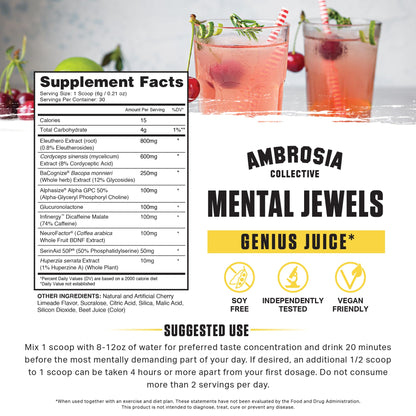 Ambrosia Mental Jewels Powder – Cognitive Enhancer, Cherry Limeade, 30 Servings