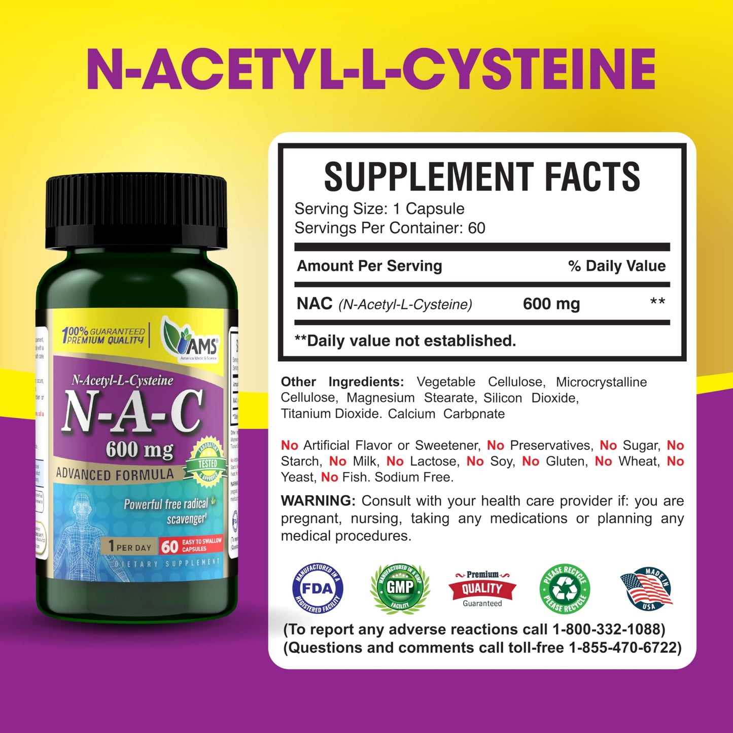 America Medic & Science NAC 600mg – NAC Supplement for Lung Health & Immune Support, Liver Support | 60 Capsules (Pack of 2)
