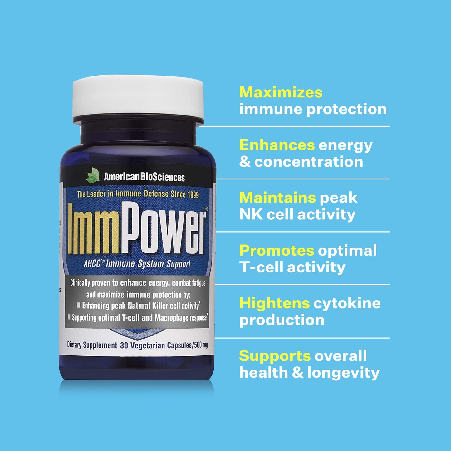 American BioSciences ImmPower AHCC 6-Pack – Enhanced Immune Support, 500 mg per Capsule, 30 Vegetarian Capsules