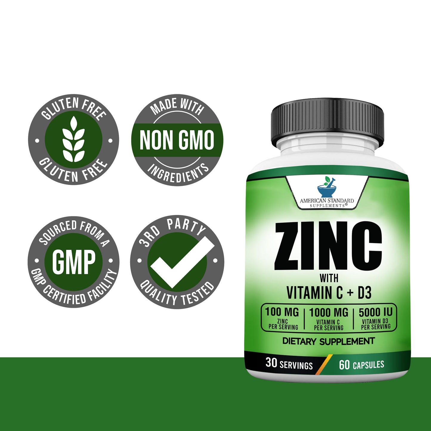American Standard Zinc 100mg, Vitamin C 1000mg, D3 5000 IU – 60 Capsules (Gluten Free, Non-GMO)
