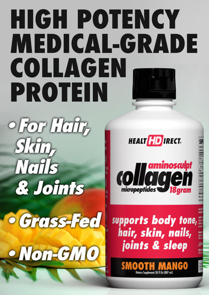 HEALTH DIRECT AminoSculpt Sugar-Free Liquid Collagen — High Potency, Grass-Fed, Mango | 30 oz