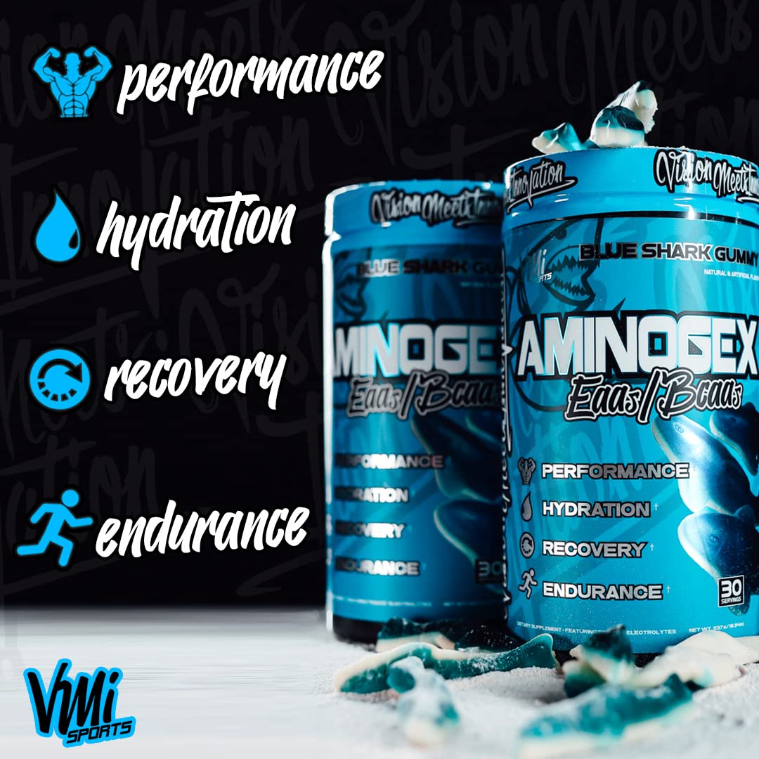 Aminogex Ultra by VMI Sports | EAA + BCAA Powder | Hydration & Recovery with Electrolytes, Betaine & Glutamine | 30 Servings | Blue Shark Gummy