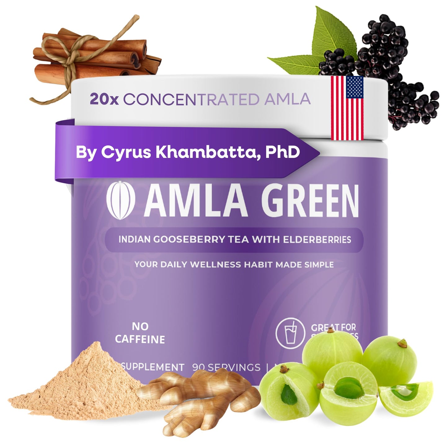 Amla Green 20x Concentrated Amla Powder with Elderberry – Immune Support Superfood, Ginger, Cinnamon & Peppermint, 90 Servings