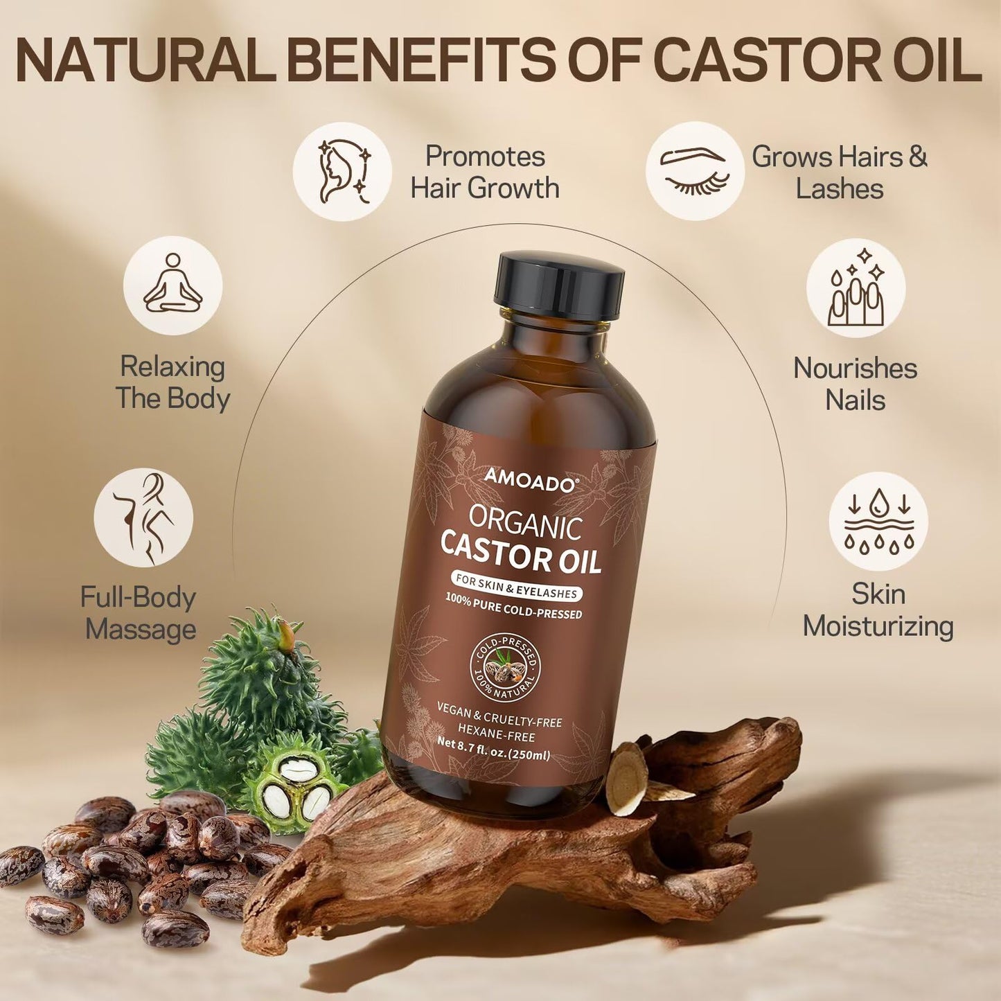 AMOADO Organic Castor Oil Pack Wrap Kit – Cold-Pressed Castor Oil (8.7 fl oz) in Amber Glass