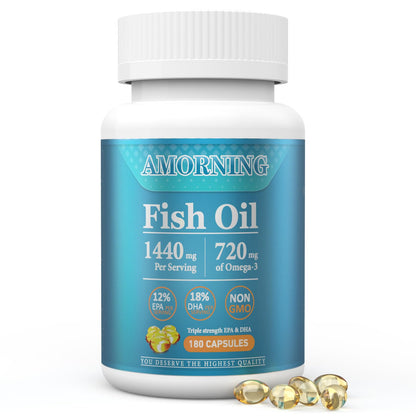 AMORNING Fish-Oil Omega-3 Fatty Acids Softgels 180 Count – 1440mg for Heart, Brain & Eyes
