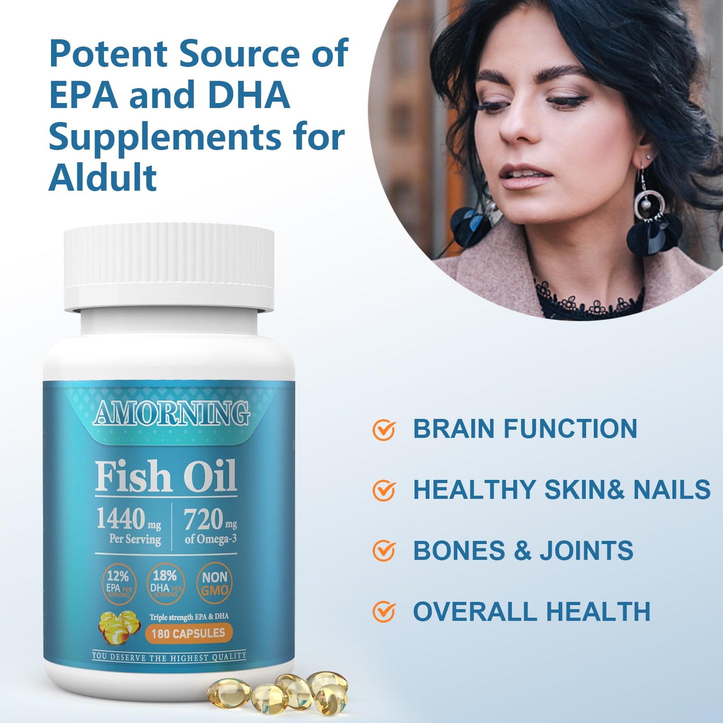 AMORNING Fish-Oil Omega-3 Fatty Acids Softgels 180 Count – 1440mg for Heart, Brain & Eyes