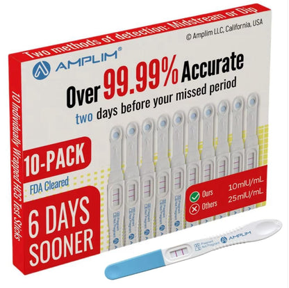 Amplim HCG Early Detection Pregnancy Test – Bulk 10-Pack, 6 Days Sooner, 10 MIU/mL, Midstream