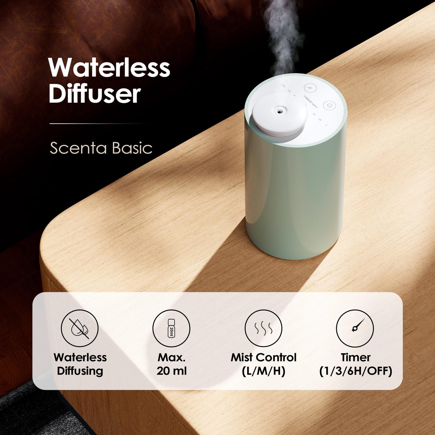 Waterless Diffuser AN6 Green Lily - Battery Nebulizer, 0.7 fl oz, 3 Timers, 3 Mist Levels