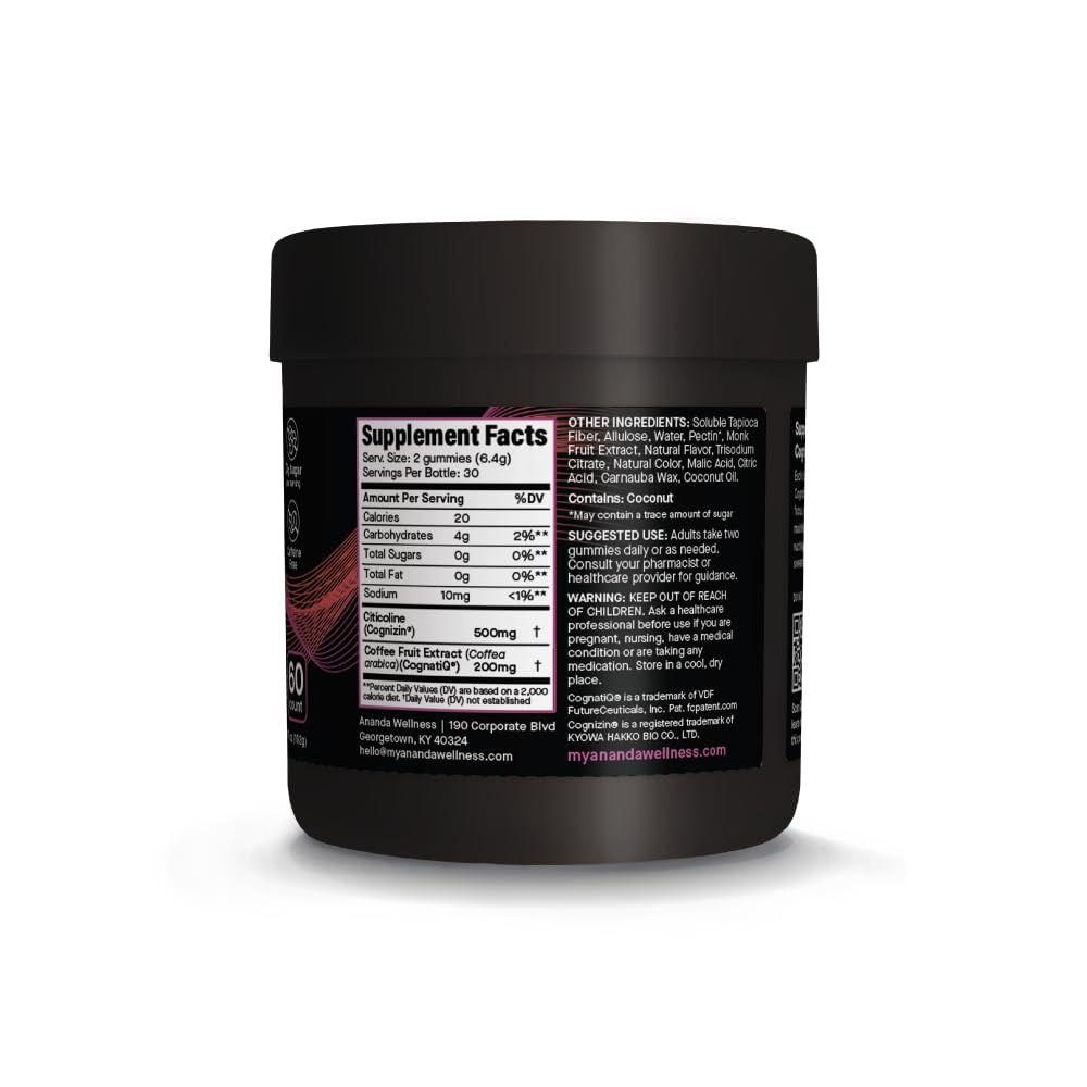 Ananda Wellness Focus & Memory Gummies – Zero Sugar, Caffeine-Free (Dark Cherry)