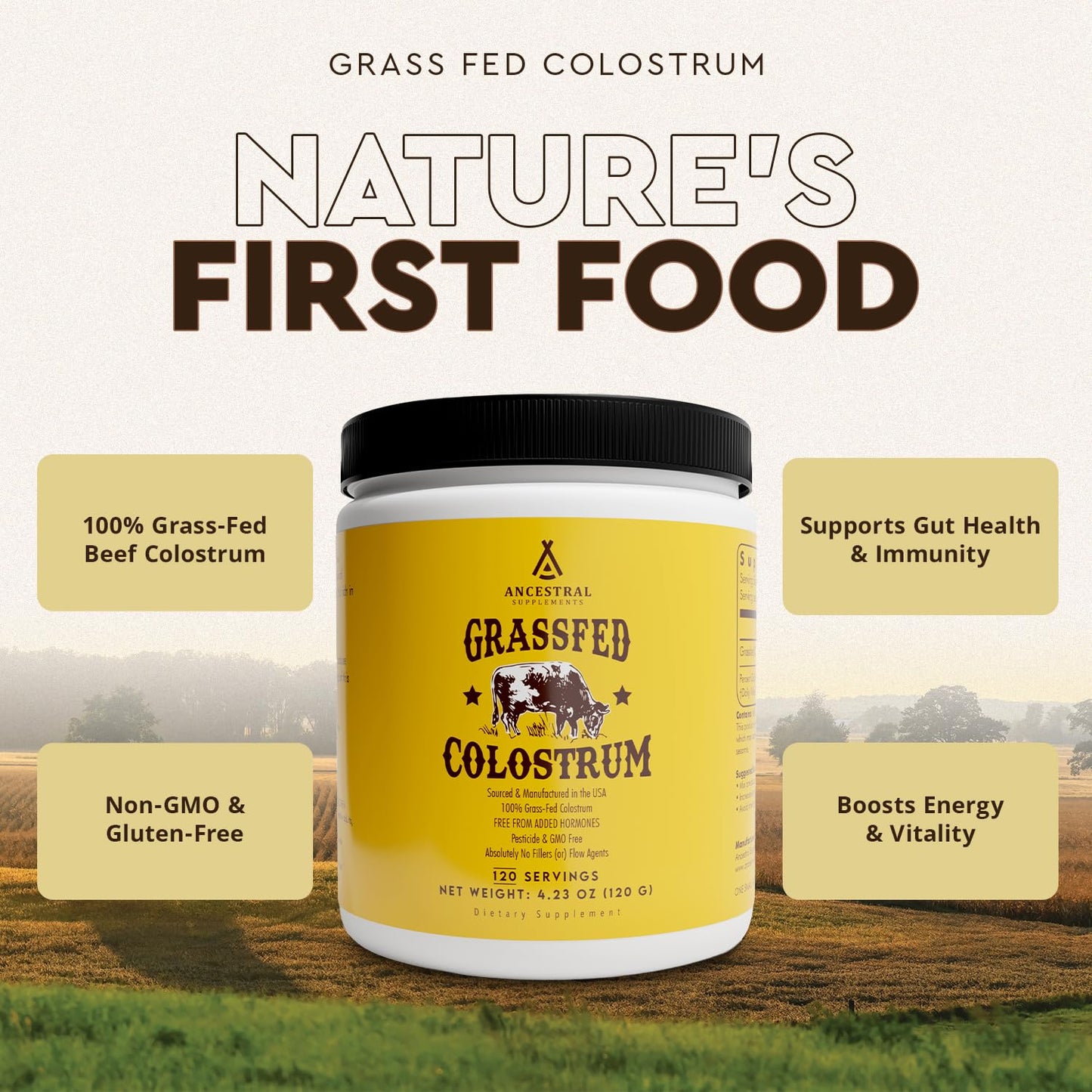 Ancestral Supplements Bovine Colostrum Powder – Grass-Fed, Freeze-Dried, Gut Health & Immune Support, 120 Servings
