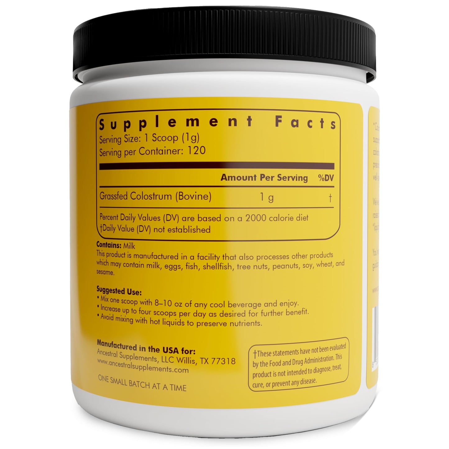 Ancestral Supplements Bovine Colostrum Powder – Grass-Fed, Freeze-Dried, Gut Health & Immune Support, 120 Servings