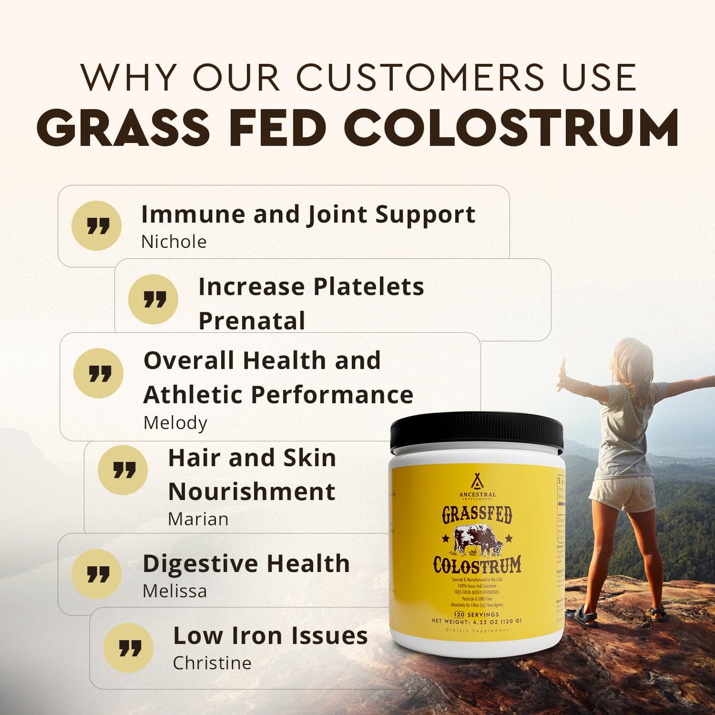 Ancestral Supplements Bovine Colostrum Powder – Grass-Fed, Freeze-Dried, Gut Health & Immune Support, 120 Servings