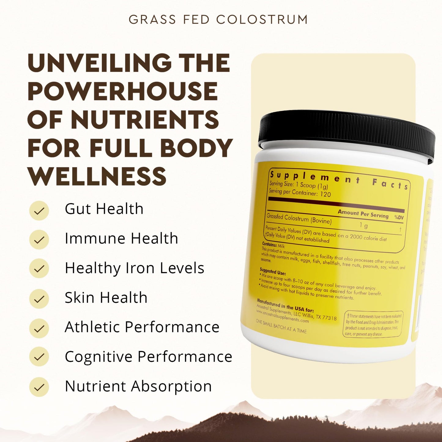 Ancestral Supplements Bovine Colostrum Powder – Grass-Fed, Freeze-Dried, Gut Health & Immune Support, 120 Servings