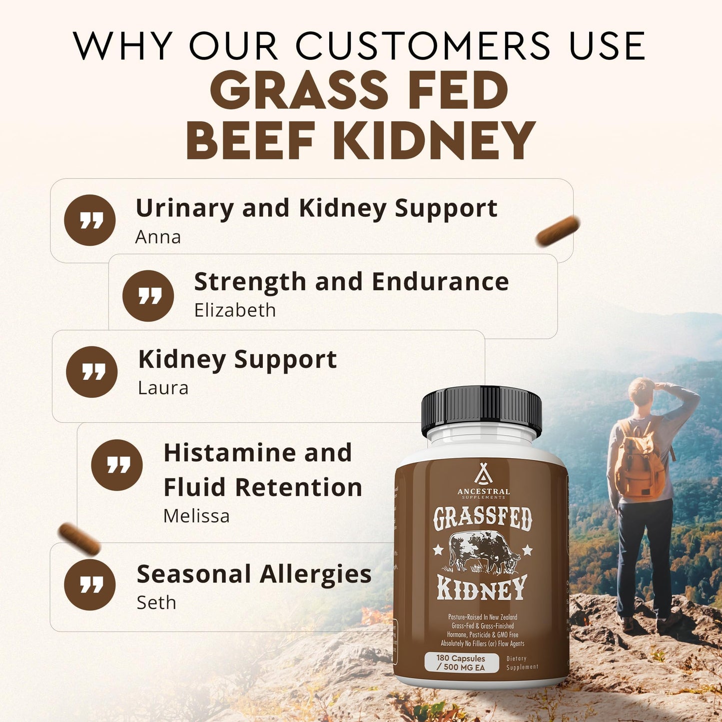 Ancestral Supplements Grass Fed Beef Kidney – 3000mg DAO Enzyme, Kidney & Histamine Support, Selenium & B12, 180 Capsules