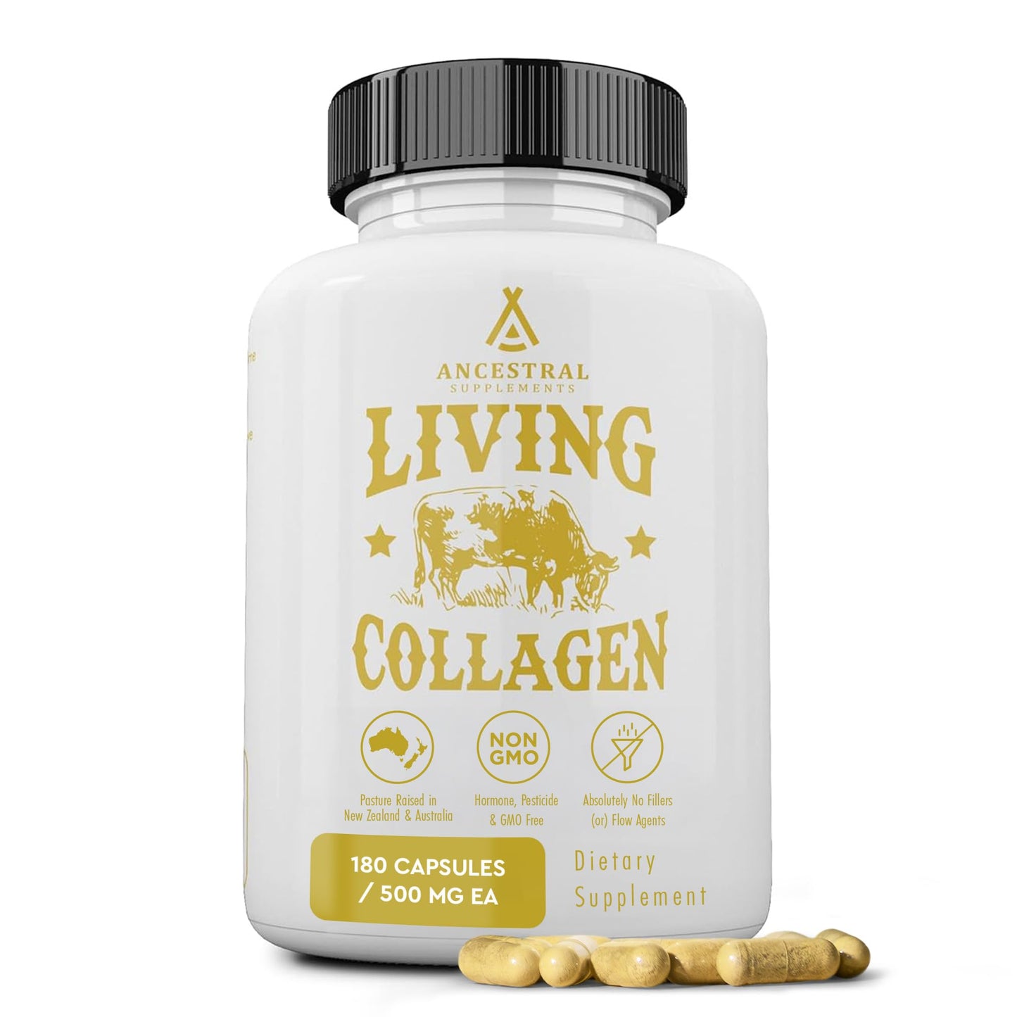 Ancestral Supplements Grass-Fed Beef Living Collagen – 3000mg, 180 Capsules, Type II