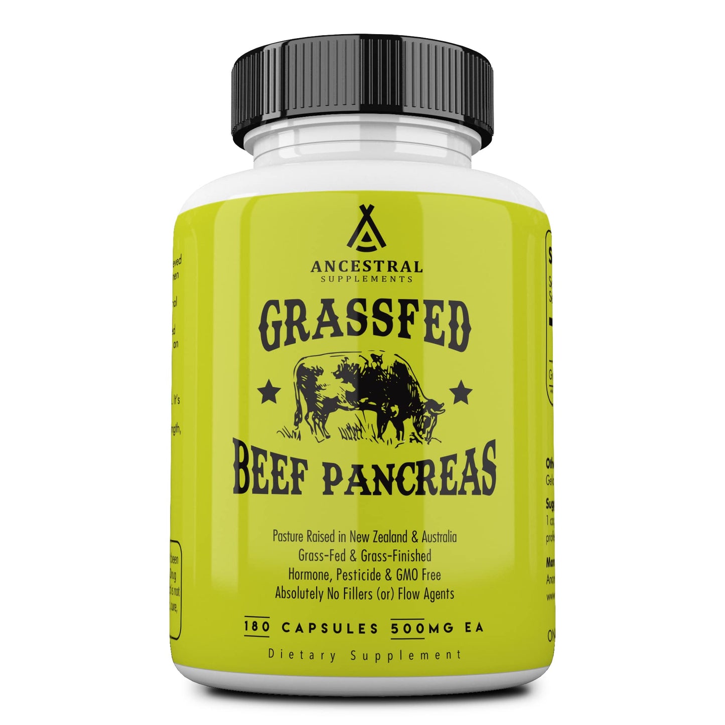 Ancestral Supplements Grass-Fed Beef Pancreas 500mg – Digestive Enzymes, 180 Capsules