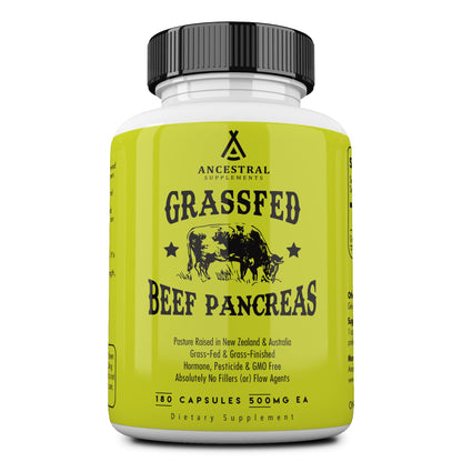 Ancestral Supplements Grass-Fed Beef Pancreas 500mg – Digestive Enzymes, 180 Capsules