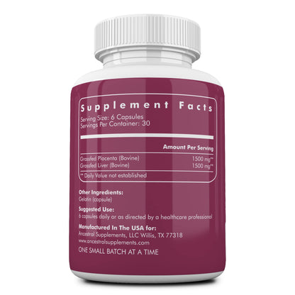 Ancestral Supplements Grass-Fed Placenta & Liver 180 Capsules – Postpartum Support, Menopause Relief