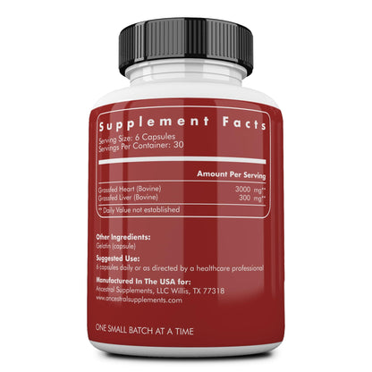 Ancestral Supplements Grass-Fed Beef Heart 3300mg – CoQ10, 180 Capsules, Non-GMO