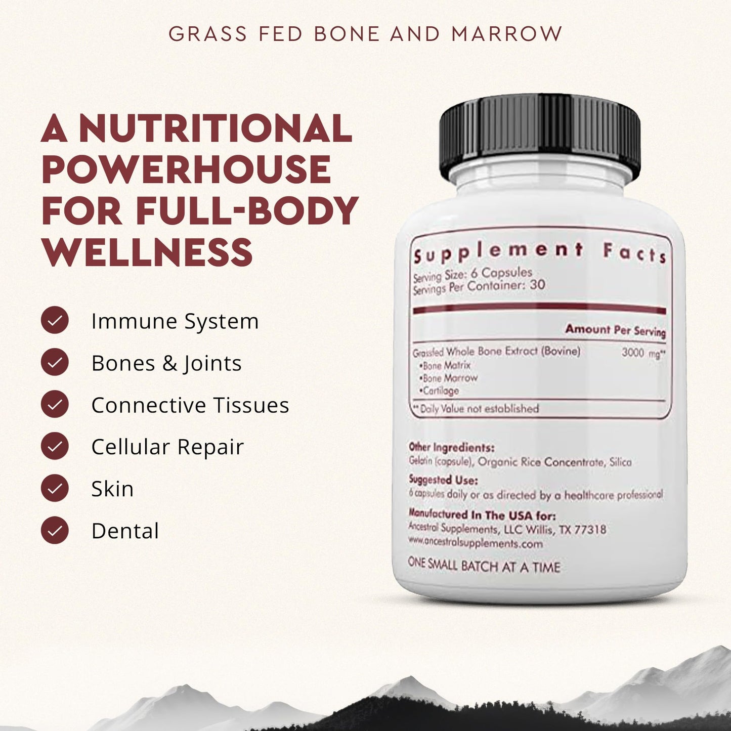 Ancestral Supplements Grass-Fed Beef Bone & Marrow — 180 Capsules (3000mg) for Joint, Skin & Oral Health