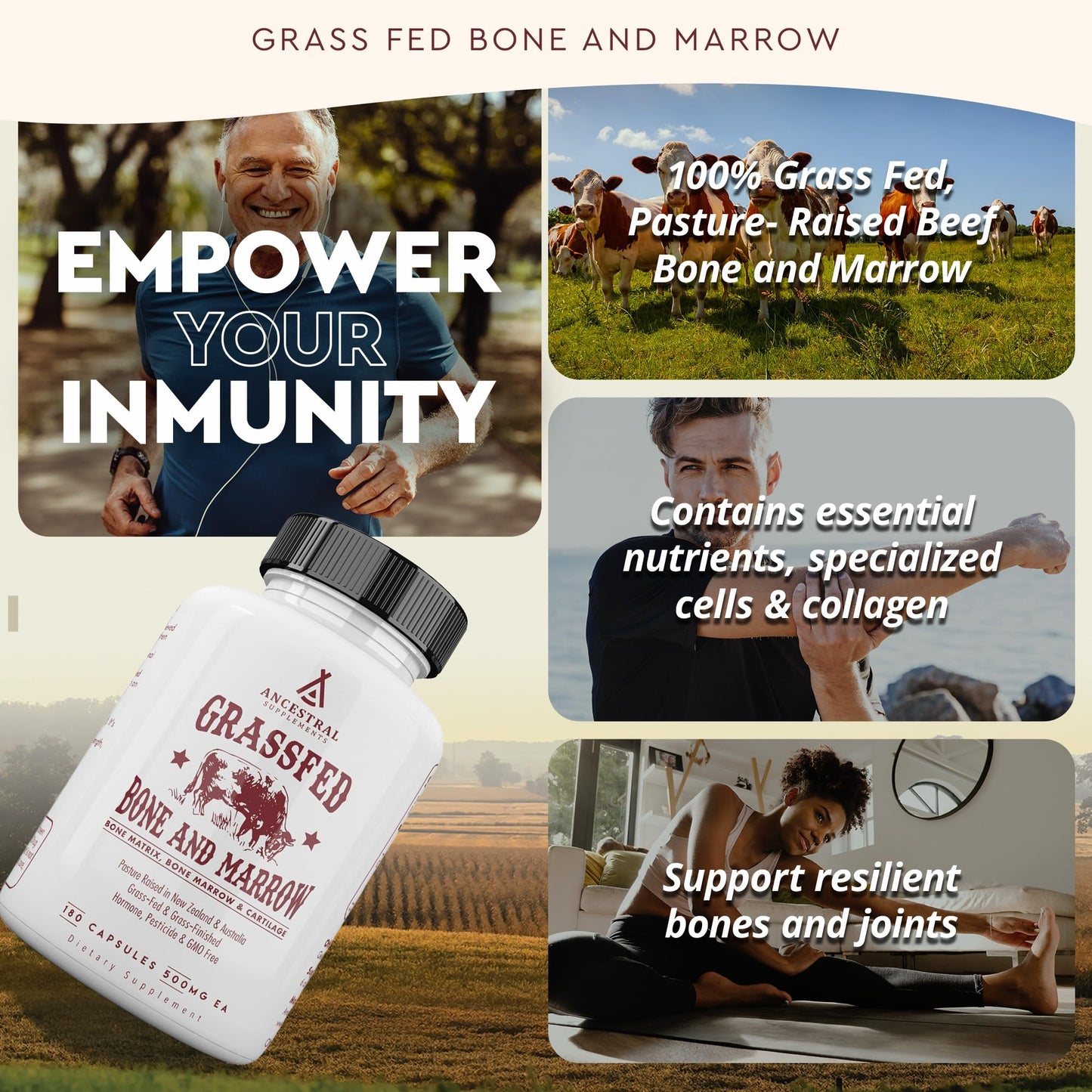 Ancestral Supplements Grass-Fed Beef Bone & Marrow — 180 Capsules (3000mg) for Joint, Skin & Oral Health