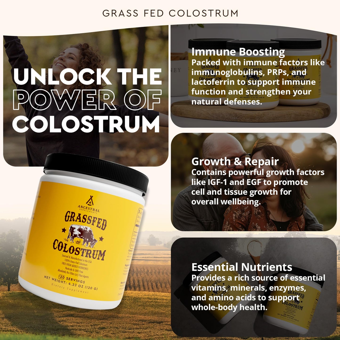 Ancestral Supplements Bovine Colostrum Powder – Grass-Fed, Freeze-Dried, Gut Health & Immune Support, 120 Servings