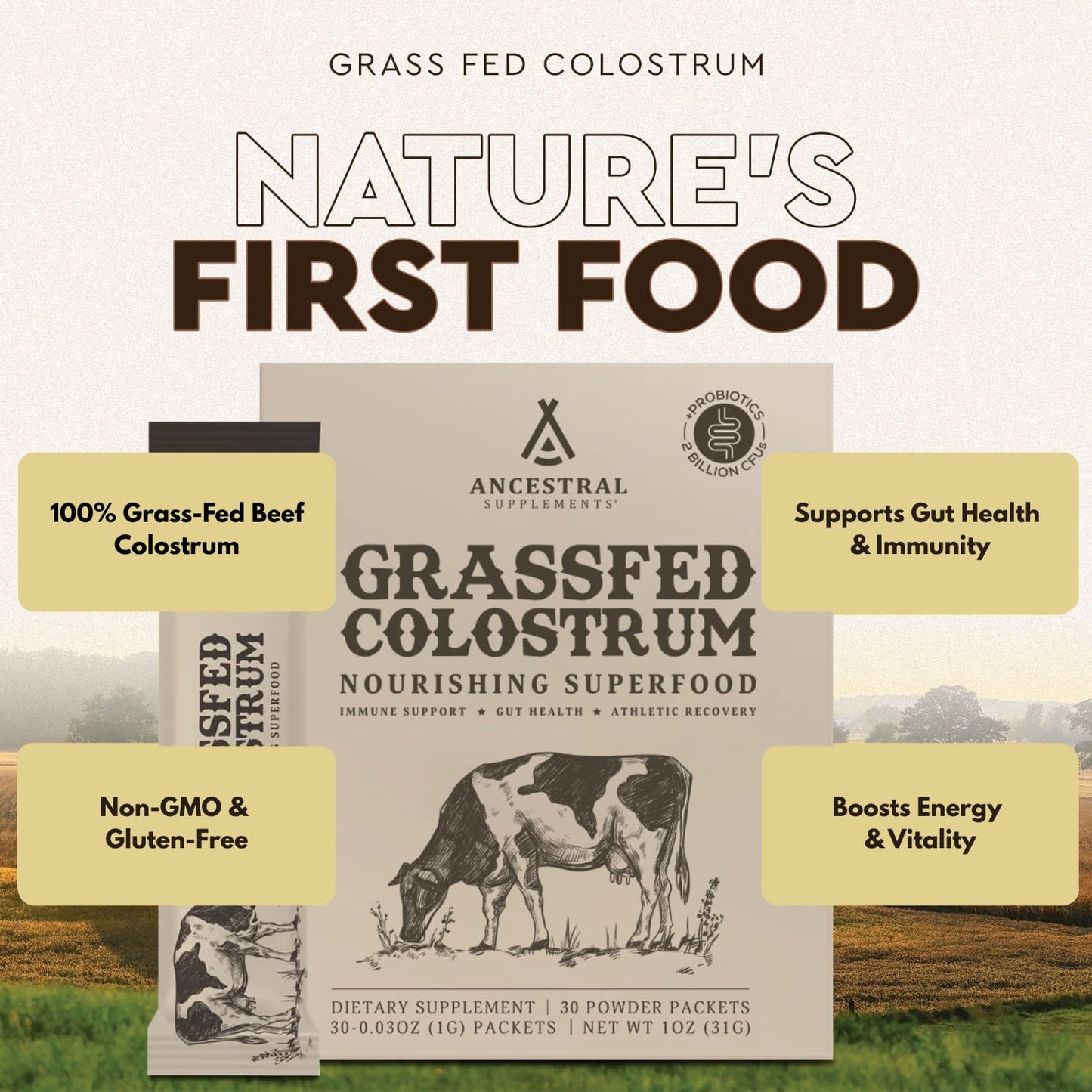 Ancestral Supplements Grass-Fed Beef Bovine Colostrum Powder Packets – Immune Support, Gut Health, 30 Sticks