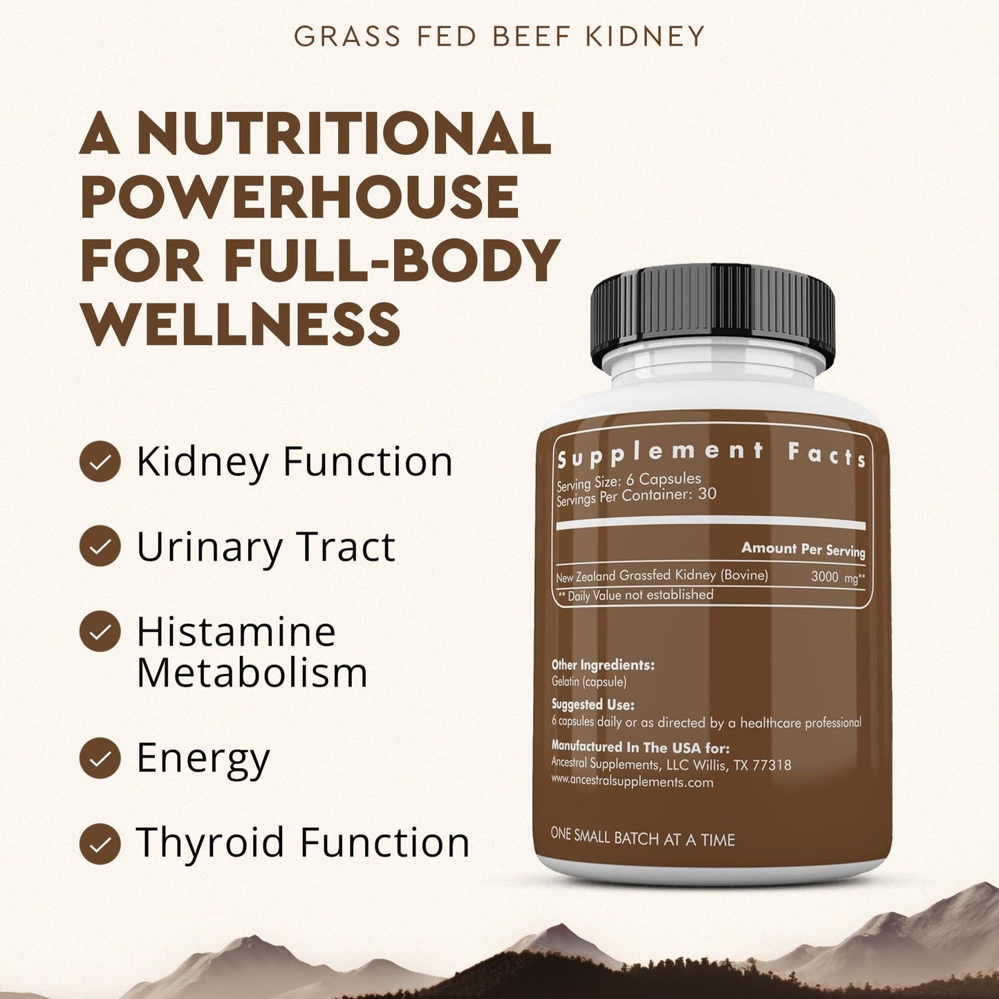 Ancestral Supplements Grass Fed Beef Kidney – 3000mg DAO Enzyme, Kidney & Histamine Support, Selenium & B12, 180 Capsules