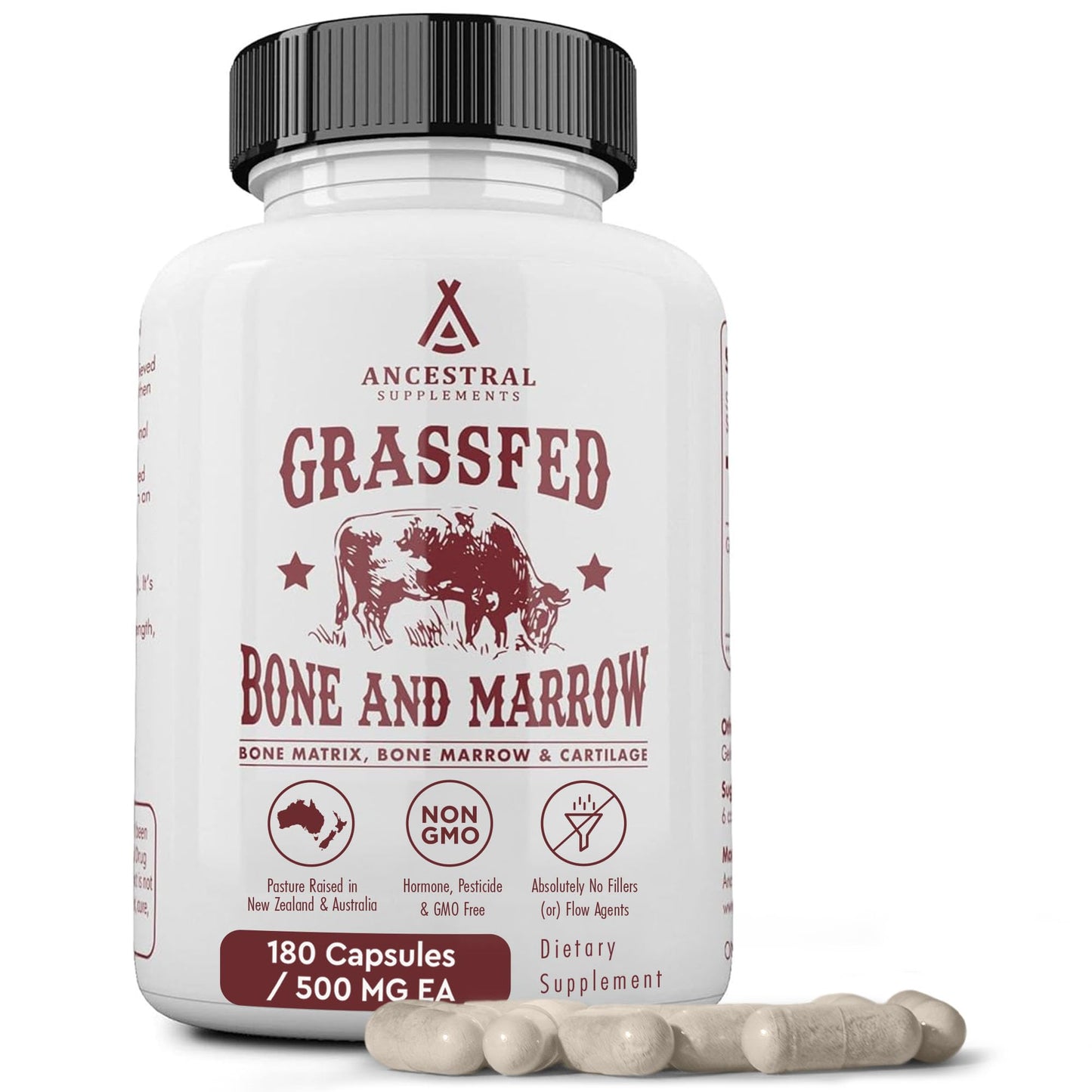 Ancestral Supplements Grass-Fed Beef Bone & Marrow — 180 Capsules (3000mg) for Joint, Skin & Oral Health