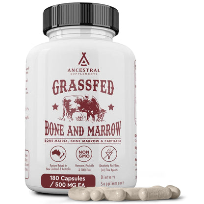 Ancestral Supplements Grass-Fed Beef Bone & Marrow — 180 Capsules (3000mg) for Joint, Skin & Oral Health