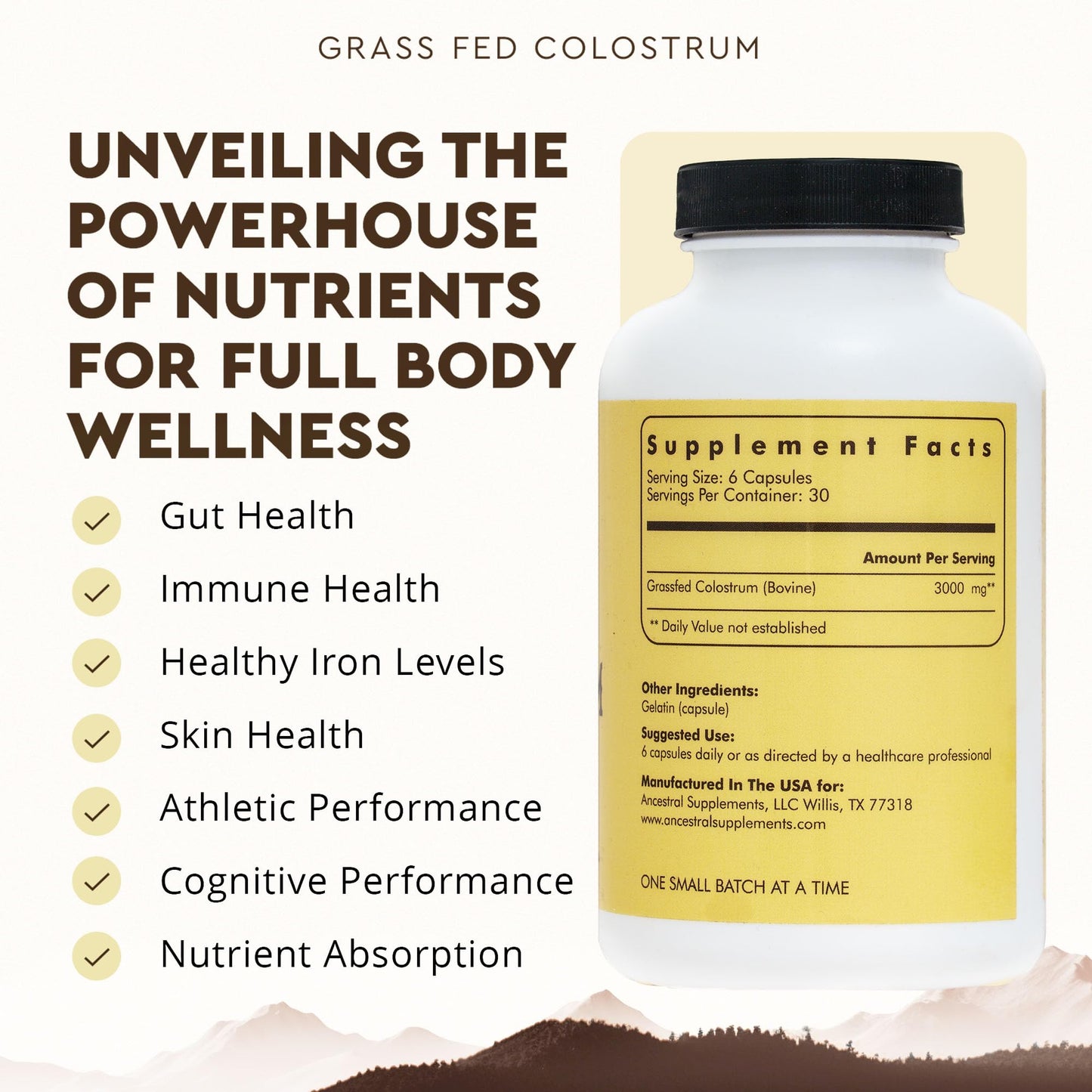 Ancestral Supplements Grass Fed Beef Colostrum Supplement – 3000 mg, 180 Capsules | Immune & Gut Health Support