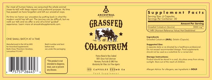 Ancestral Supplements Grass Fed Beef Colostrum Supplement – 3000 mg, 180 Capsules | Immune & Gut Health Support