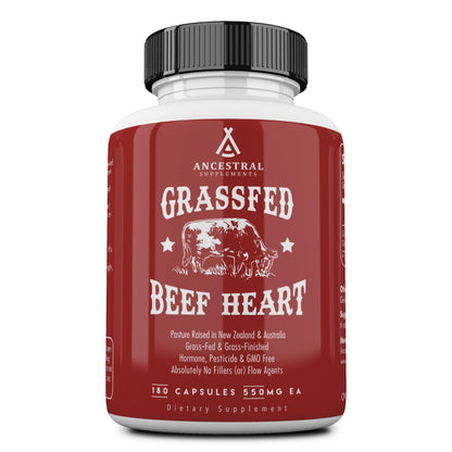 Ancestral Supplements Grass-Fed Beef Heart 3300mg – CoQ10, 180 Capsules, Non-GMO