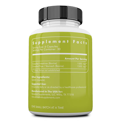 Ancestral Supplements Grass-Fed Beef Intestines (Tripe) 3000mg – Digestive Support, 180 Capsules