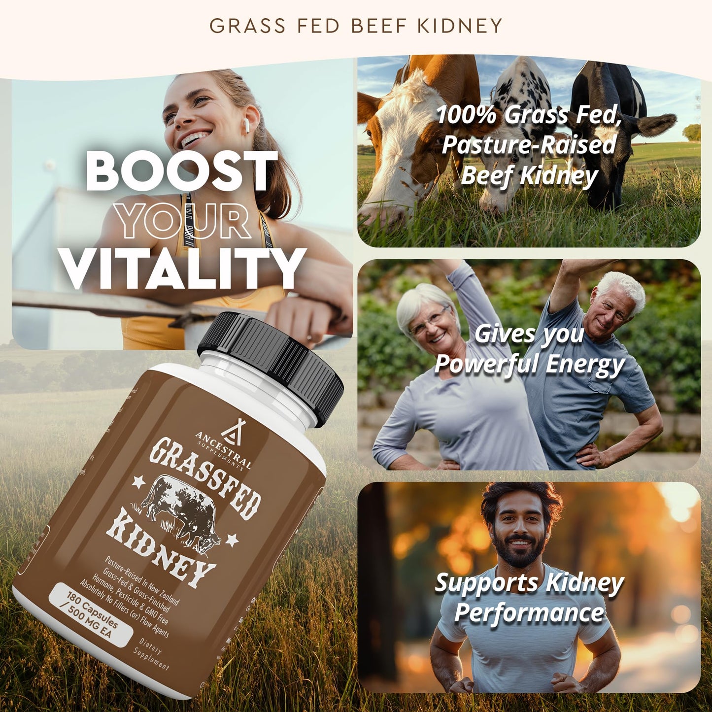 Ancestral Supplements Grass Fed Beef Kidney – 3000mg DAO Enzyme, Kidney & Histamine Support, Selenium & B12, 180 Capsules
