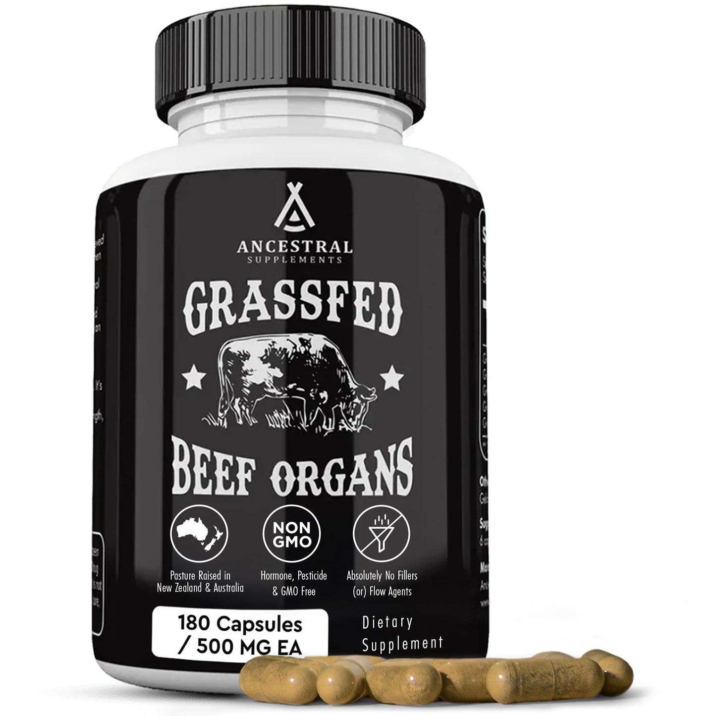 Ancestral Supplements Grass-Fed Beef Organs – Liver, Heart, Kidney, Pancreas, Spleen | 180 Capsules