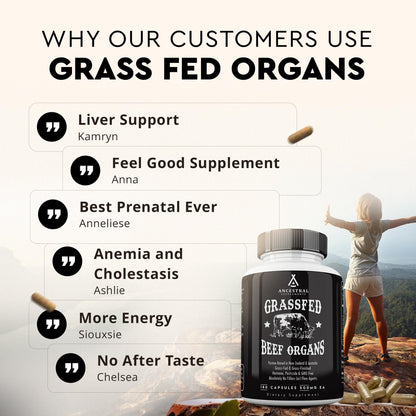 Ancestral Supplements Grass-Fed Beef Organs – Liver, Heart, Kidney, Pancreas, Spleen | 180 Capsules