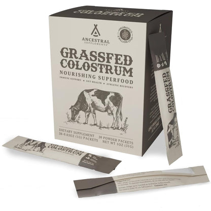 Ancestral Supplements Grass-Fed Beef Bovine Colostrum Powder Packets – Immune Support, Gut Health, 30 Sticks