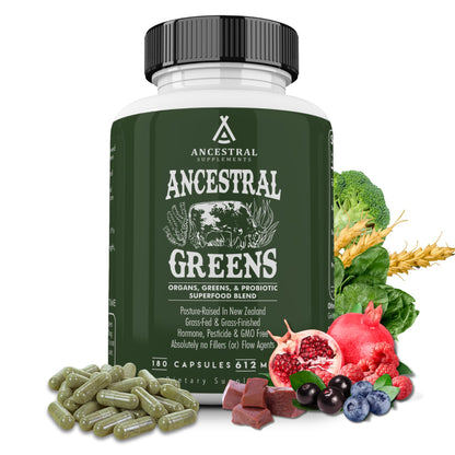 Ancestral Supplements Greens Powder Capsules – Organic Greens & Reds with Grass-Fed Organs, Probiotics (612 mg) 180 Count