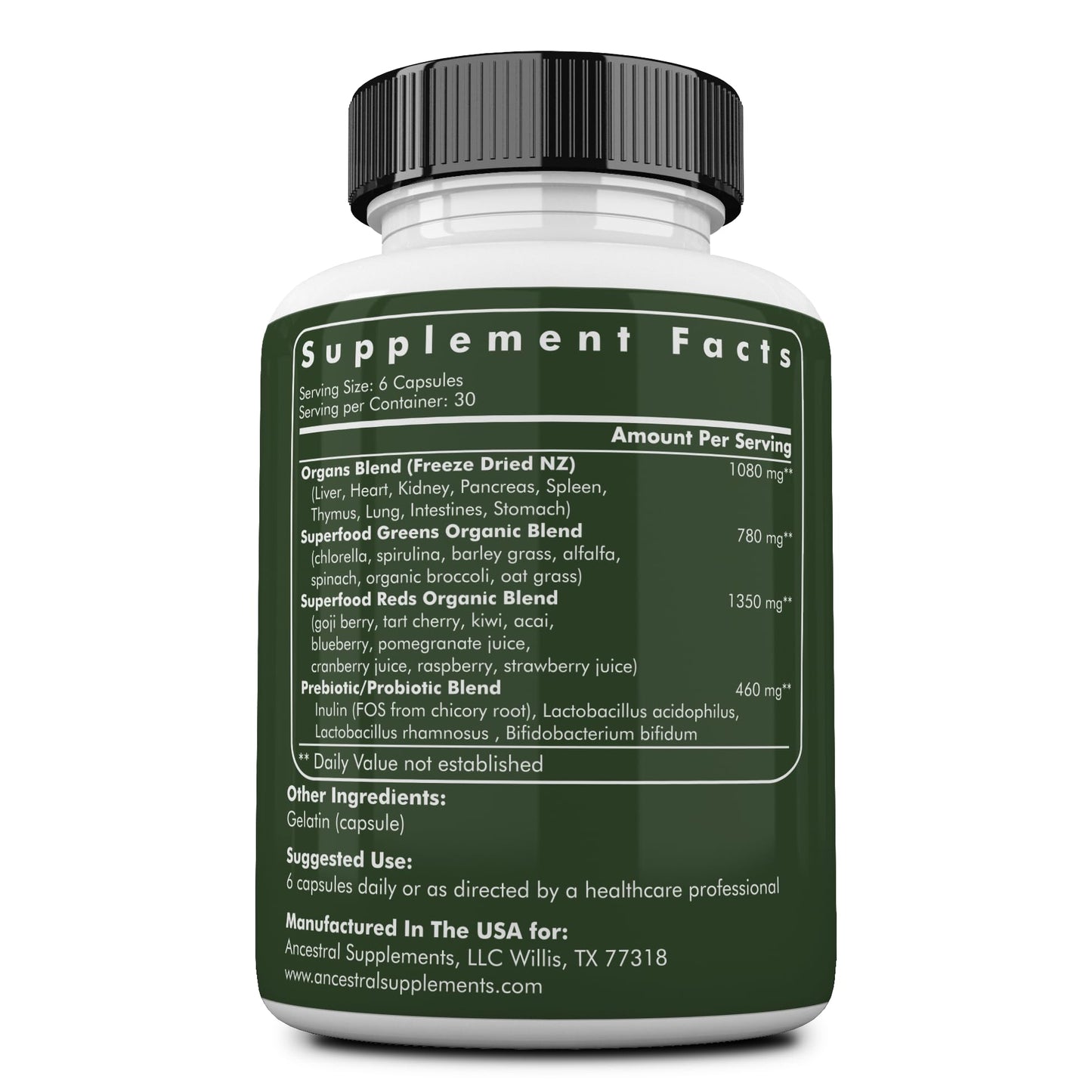 Ancestral Supplements Greens Powder Capsules – Organic Greens & Reds with Grass-Fed Organs, Probiotics (612 mg) 180 Count
