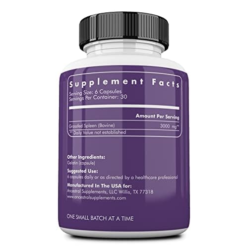 Ancestral Supplements Grass Fed Beef Spleen — 3000mg Spleen Support, Immune & Iron Health, 180 Capsules